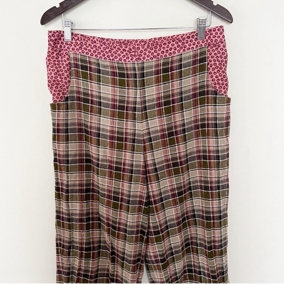 Anthropologie Plaid Floral Waistband Wide Leg Pants Pink/Brown Size 10 Cotton - Picture 2 of 10